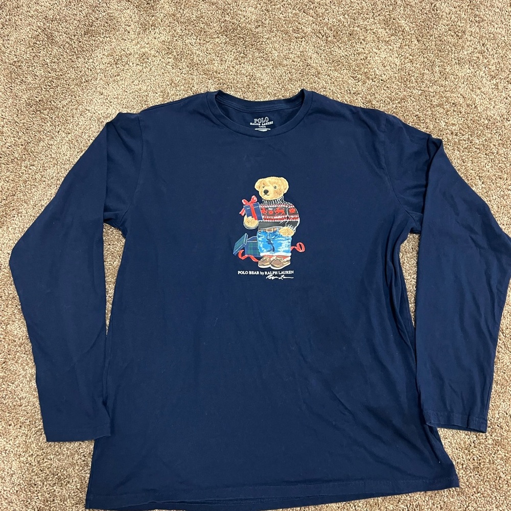 Ralph Lauren Navy Long Sleeve Tee with Bear Graphic